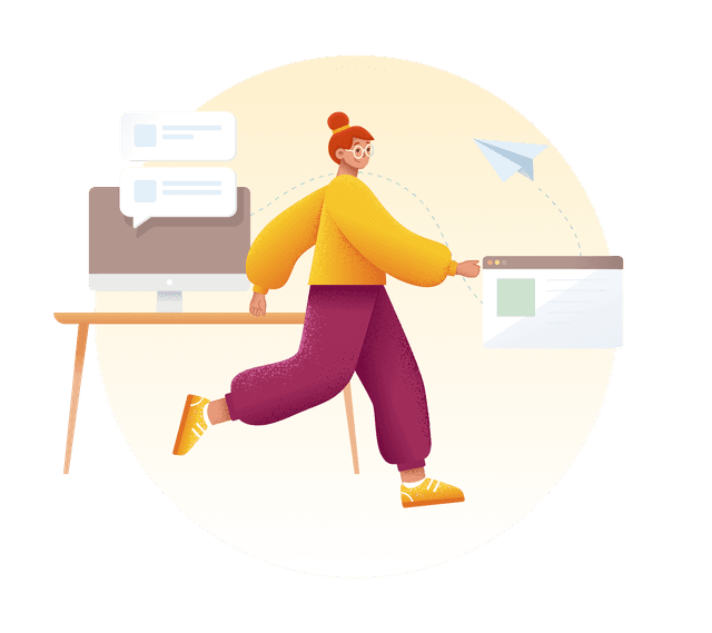 illustration of a woman running away from a computer